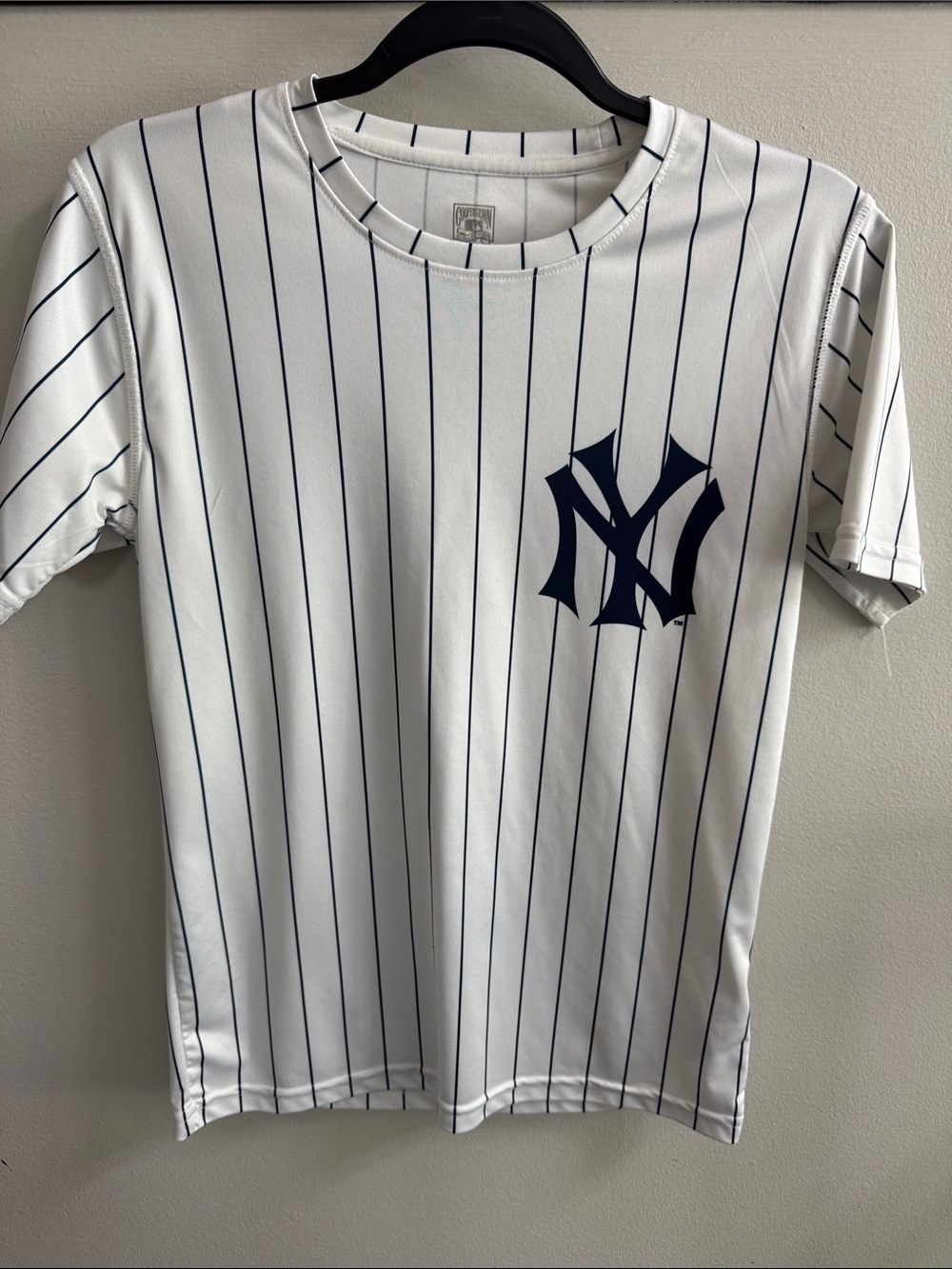 Youth White Pinstripe babe Ruth Baseball Tee with Navy Logo